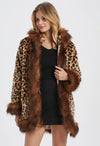 Womens Leopard Print Hooded Faux Fur Collar Jacket