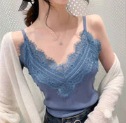 Ice silk strap vest female European and American wind sexy V-neck sleeveless lace bottoming shirt outside dressing thin weed sweater