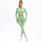 Peach Seamless Knitting Backless High Elastic Long Sleeve Yoga Suit Sports Running Fitness Two-Piece Set For Women