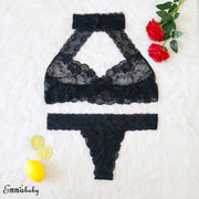 Plus Size Women Sissy Black Lingerie lace Bra Set Bralette Lace Halter Hollow Bra top G-string thong Babydoll Underwear set