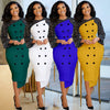 Echoine Plus Size Dot Print Long Sleeve Midi Dress Women Elegant OL Office Ladies Dresses Button Patchwork Vintage Vestido
