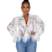 2021 New Elegant Long Sleeve Hollow Out Mesh Lace Shirt Sheer See Through Top Blouse Clothing Dashiki African Shirts For Women