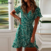 Women Dresses Summer 2020 Sexy V Neck Floral Print Boho Beach Dress Ruffle Short Sleeve A Line Mini Dress Wrap Sundress Robe