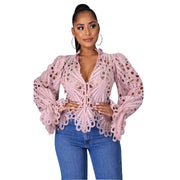 2021 New Elegant Long Sleeve Hollow Out Mesh Lace Shirt Sheer See Through Top Blouse Clothing Dashiki African Shirts For Women