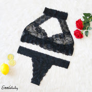 Plus Size Women Sissy Black Lingerie lace Bra Set Bralette Lace Halter Hollow Bra top G-string thong Babydoll Underwear set