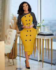 Echoine Plus Size Dot Print Long Sleeve Midi Dress Women Elegant OL Office Ladies Dresses Button Patchwork Vintage Vestido