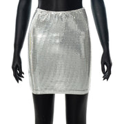 BKLD 2022 Fashion Women Spring New Solid Color Silver Sequin Stitching Casual Mesh Slim Bodycon Mini Skirt Sexy Club Outfits