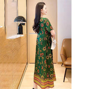 Heavy silk dress female 2021 summer new round collar ancient age-aged loose version comfortable printing