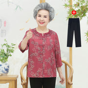 Middle-aged and elderly spring women's grandma summer thin shirt mother shirt set 60 old man wife clothes top