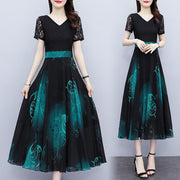 Women's floral dress short sleeves 2021 summer new women's gods, gray, woven, chiffon, long skirt