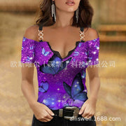 2021wish cross-border Europe and the United States new metal buckle hot diamond V-neck lace printing strap short-sleeved hot sale plot