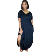 HR8168 European and American fashion women's solid color double-pocket V-neck split loose version dress