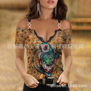 2021wish cross-border Europe and the United States new metal buckle hot diamond V-neck lace printing strap short-sleeved hot sale plot