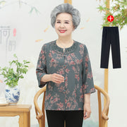 Middle-aged and elderly spring women's grandma summer thin shirt mother shirt set 60 old man wife clothes top