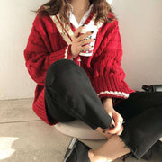 Color color thick V-colored female student autumn and winter college wind Korean version of loose retro jar flower knit jacket