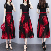 Women's floral dress short sleeves 2021 summer new women's gods, gray, woven, chiffon, long skirt