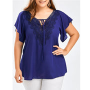 Plus Size Women Clothing T-Shirts Summer Short Sleeve Chiffon Pullovers Tops Lace V-Neck Fashion Blue T-Shirt Female Tees