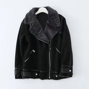 autumn new European and American style women's loose lamb wool stitching retro all-match warm motorcycle jacket