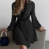 Fashion Korean Style Print Lace-up Dress Female Lapel Slim Fit Simple Long Sleeves Thick Women's Clothing Autumn Winter Commuter