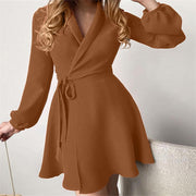 Fashion Korean Style Print Lace-up Dress Female Lapel Slim Fit Simple Long Sleeves Thick Women's Clothing Autumn Winter Commuter