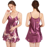 Gift for Women Pajamas Satin Nightgown Crane Print Sleepwear V Neck Lingerie Sexy Spaghetti Strap Nightwear