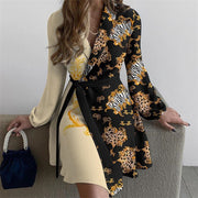 Fashion Korean Style Print Lace-up Dress Female Lapel Slim Fit Simple Long Sleeves Thick Women's Clothing Autumn Winter Commuter