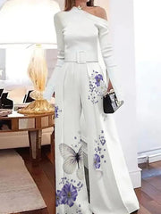 Sexy Off Shoulder Irregular Long Sleeved Romper Casual High Waist Drape Overalls Fashion Temperament Lady Printed Party Jumpsuit