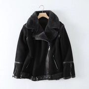 autumn new European and American style women's loose lamb wool stitching retro all-match warm motorcycle jacket