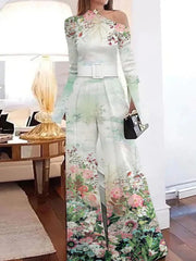 Sexy Off Shoulder Irregular Long Sleeved Romper Casual High Waist Drape Overalls Fashion Temperament Lady Printed Party Jumpsuit